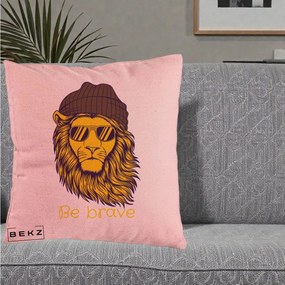 Perna Decorativa Leu Hipster Be Brave, 40x40 cm, Roz, Husa Detasabila, Perna Inclusa, BEKZ®