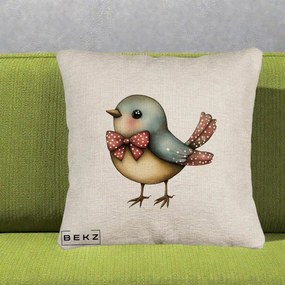 Perna Decorativa Pasare Bleu cu Fundita Rosie, 40x40 cm, Bej Canapea, Husa Detasabila, Perna Inclusa, BEKZ®
