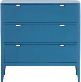 Comodă cu 3 sertare mid century, din lemn de pin, albastru, cu picioare de lemn și mânere metalice semirotunde, 90 x 90 x 45 cm, „Ernest”