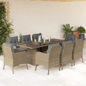 vidaXL Set de masă pentru grădină, 9 piese, cu perne, bej, poliratan