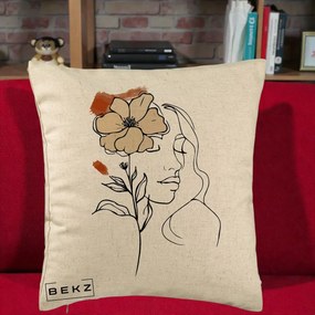 Perna Decorativa Portret Feminin Floare Bej Terracotta, 40x40 cm, Bej, Husa Detasabila, Perna Inclusa, BEKZ®