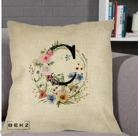 Cadou Personalizat - Perna Personalizata Monogram Litera C cu Flori Acuarela, 40x40 cm, Crem, Husa Detasabila, Perna Inclusa, BEKZ®
