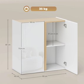HOMCOM Bufet cu finisaj lucios, mobilier de depozitare cu 2 uși cu închidere amortizată și raft reglabil, 80x40x80cm, alb | Aosom Romania