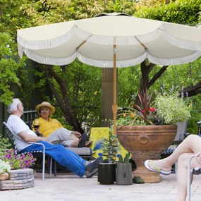 Outsunny Umbrelă Boho de Ø2.7 m pentru Exterior cu Protecție UV30+, Manivelă Manuală și Acoperiș Dublu cu Franjuri Bej | Aosom Romania