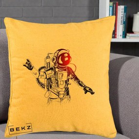 Perna Decorativa Astronaut Rock Sketching, 40x40 cm, Galben, Husa Detasabila, Perna Inclusa, BEKZ®
