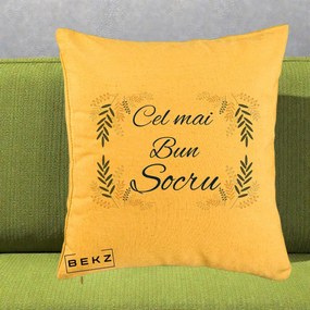 Cadou pentru Socru - Perna Personalizata Cel mai Bun Socru cu Ramuri Frunze Albastre si Aurii, 40x40 cm, Galben, Husa Detasabila, Perna Inclusa, BEKZ®