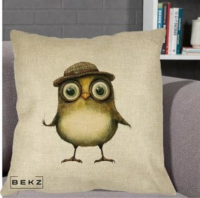 Perna Decorativa Pui Intelectual cu Palarie Tweed, 40x40 cm, Crem, Husa Detasabila, Perna Inclusa, BEKZ®