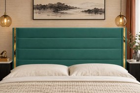 Pat tapițat din catifea Veyra 200×200 cm, verde, detalii aurii, cu ladă de depozitare