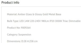 Lustra moderna cu 2 pendule LED, Metal, Auriu, Sticla, Amber, Norma