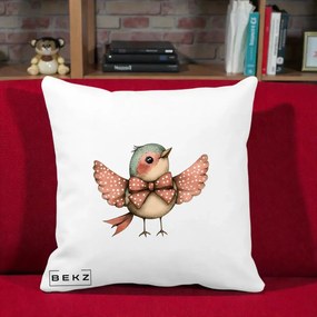 Perna Decorativa Pasare Roz cu Aripi si Fundita, 40x40 cm, Alba Mata, Husa Detasabila, Perna Inclusa, BEKZ®