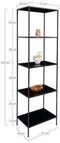 Raft Vita cu 5 rafturi, negru, cu cadru negru, 51x36x170 cm