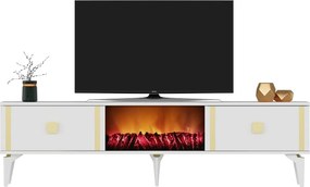 Comoda TV, Hanah Home, Doruk Fireplace, 150x44.6x29.6 cm, Alb/Auriu