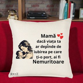 Cadou pentru Mama - Perna Personalizata Mama Nemuritoare Aproape de Bebe, 40x40 cm, Crem Reliefat, Husa Detasabila, Perna Inclusa, BEKZ®