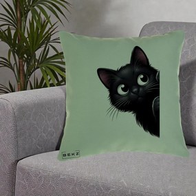 Perna Decorativa Pisica Neagra Dragalasa Curioasa, 40x40 cm, Verde, Husa Detasabila, Perna Inclusa, BEKZ®