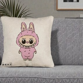 Perna Personalizata Labubu Mov Pastel, 40x40 cm, Bej Canapea, Husa Detasabila, Perna Inclusa, BEKZ®
