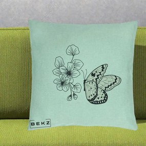 Perna Decorativa Fluture si Flori Linie Monocroma, 40x40 cm, Verde Menta, Husa Detasabila, Perna Inclusa, BEKZ®