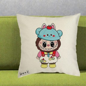 Perna Personalizata Labubu x Urs Albastru Colorat, 40x40 cm, Ecru, Husa Detasabila, Perna Inclusa, BEKZ®