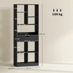HOMCOM Bibliotecă Modernă din Lemn cu Sertar Central și Kit Antirăsturnare, 60x26x158 cm, Negru | Aosom Romania