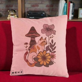 Perna Decorativa Pisica Vintage Florala Boho, 40x40 cm, Roz, Husa Detasabila, Perna Inclusa, BEKZ®