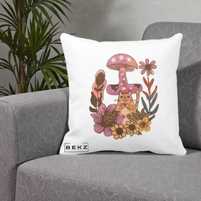 Perna Decorativa Ciuperca Pisica Boho, 40x40 cm, Alba Mata, Husa Detasabila, Perna Inclusa, BEKZ®