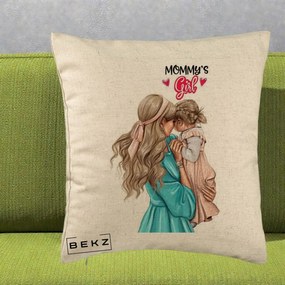 Cadou pentru Mama - Perna Personalizata Mommy's Girl Mama si Fetita, 40x40 cm, Bej, Husa Detasabila, Perna Inclusa, BEKZ®