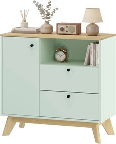 HOMCOM Bufet pentru living, mobilier de depozitare cu ușă, 2 sertare, compartiment deschis și raft reglabil, verde deschis și stejar | Aosom Romania