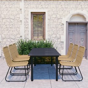 Set mobilier de exterior, 7 piese, poliratan si sticla stejar si negru, Lungime masa 190 cm, 7