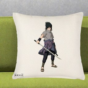 Perna Personalizata Naruto Sasuke Uchiha cu Sabia, 40x40 cm, Crem Reliefat, Husa Detasabila, Perna Inclusa, BEKZ®