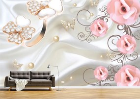 Tapet Premium Canvas - Abstract flori roz cu perle