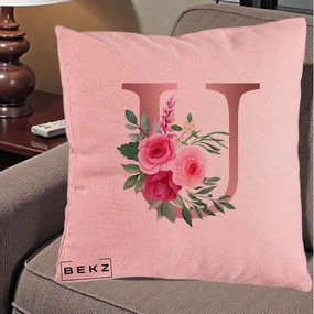 Cadou Personalizat - Perna Personalizata Monograma Rose Gold Litera U, 40x40 cm, Roz, Husa Detasabila, Perna Inclusa, BEKZ®