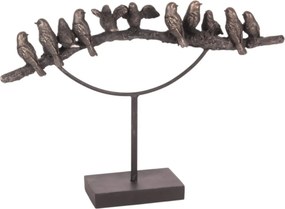 Statuetă decorativă din polirășină, aurie, cu păsărele pe creangă, pe suport, finisaj patinat, 30 x 42 x 8 cm, „Mésange”