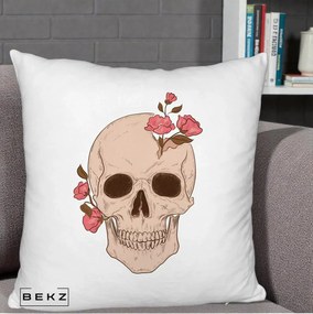 Perna Decorativa Craniu Floral Gothic, 40x40 cm, Alb Pufos, Husa Detasabila, Perna Inclusa, BEKZ®