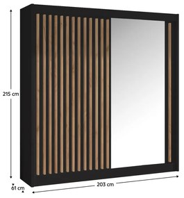 Dulap cu uşi glisante, negru / stejar craft, 203x215 cm, LADDER