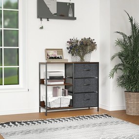 HOMCOM Comodă Mobilă Multifuncțională cu 2 Rafturi Deschise și 3 Sertare Pliabile, 80x29x71 cm, Maro Rustic, Gri Închis, Negru | Aosom Romania