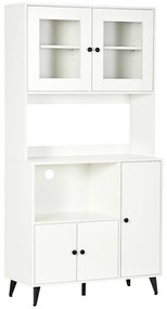 HOMCOM Bufet de bucătărie cu 3 dulapuri, nișe, rafturi reglabile, uși vitrate, pasă-cablu, 90x40x180cm, alb | Aosom Romania