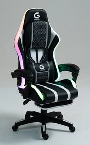 RESIGILAT- Scaun gaming HOFRE, boxe Bluetooth, sistem iluminare bandă LED RGB, masaj în perna lombară, suport picioare, PU, Negru/Alb