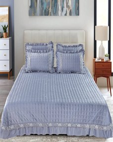 Cuvertura de pat si 2 fete de perna, catifea, pat 2 persoane, bleu, CCC-82