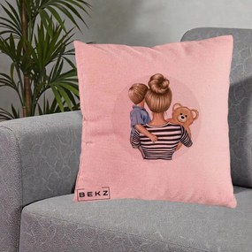Cadou pentru Mama - Perna Personalizata Mama si Baietelul cu Ursulet, 40x40 cm, Roz, Husa Detasabila, Perna Inclusa, BEKZ®