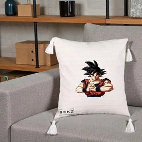 Perna Personalizata Dragon Ball Goku Portret Serios, 40x40 cm, Bej cu Franjuri, Husa Detasabila, Perna Inclusa, BEKZ®