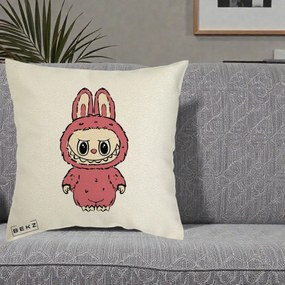 Perna Personalizata Labubu Roz Solo, 40x40 cm, Ecru, Husa Detasabila, Perna Inclusa, BEKZ®