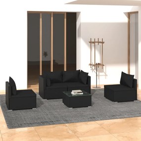 Set mobilier de gradina cu perne, 5 piese, negru, poliratan Negru, 2x colt + 2x mijloc + masa, 1