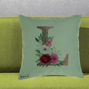 Cadou Personalizat - Perna Personalizata Monograma Rose Gold Litera L, 40x40 cm, Verde, Husa Detasabila, Perna Inclusa, BEKZ®