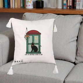 Perna Personalizata Life is Better with a Cat Geam, 40x40 cm, Bej cu Franjuri, Husa Detasabila, Perna Inclusa, BEKZ®