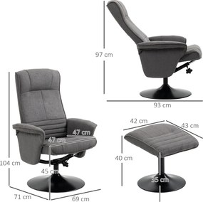 HOMCOM Fotoliu relax cu taburet, spătar reglabil, 69 cm x 71 cm x 104 cm, Gri închis + Negru | Aosom Romania
