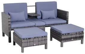 Outsunny Set Mobilier de Grădină, Scaun de Grup, 3 Piese, Canapea de Exterior, 2 Taburete, 2-5 Persoane, Perne de șezut, Ratan, gri | Aosom Romania