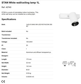 Aplica perete / tavan cu spot directionabil design modern STAN 1L alba