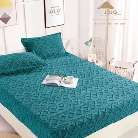 Husa de pat cu elastic si 2 fete de perna, Cocolino tip jacquard, uni, pat 2 persoane, turquoise, HPC-07