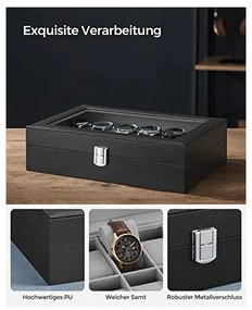 Cutie de ceasuri, Songmics, 20.2 x 30.2 x 7.8 cm, JWB12BK, Gri