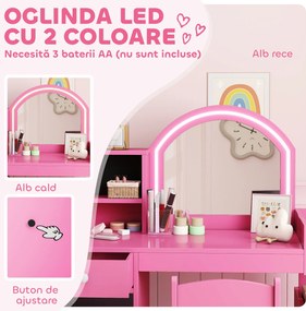 AIYAPLAY Set masă și scaun de machiaj pentru copii, cu lumini LED, MDF, Acril, 88.6 x 38.8 x 96.9, Roz | Aosom Romania