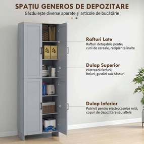 HOMCOM Dulap cămară de bucătărie din lemn cu 2 rafturi reglabile și 4 uși, 60x30x170,5 cm, gri | Aosom Romania